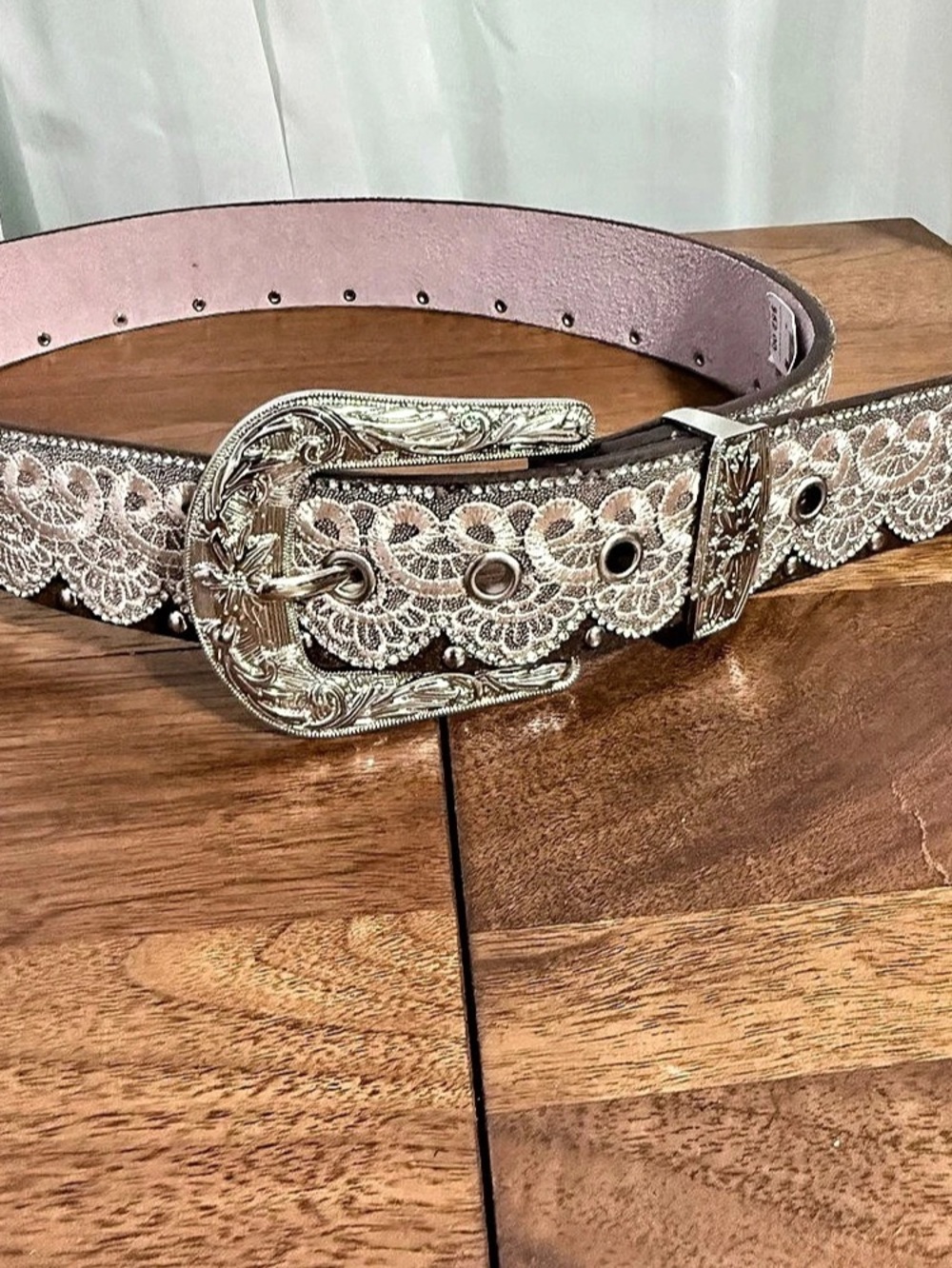 Angel Ranch Lace Glitz Leather Belt in Brown & Pink S/M